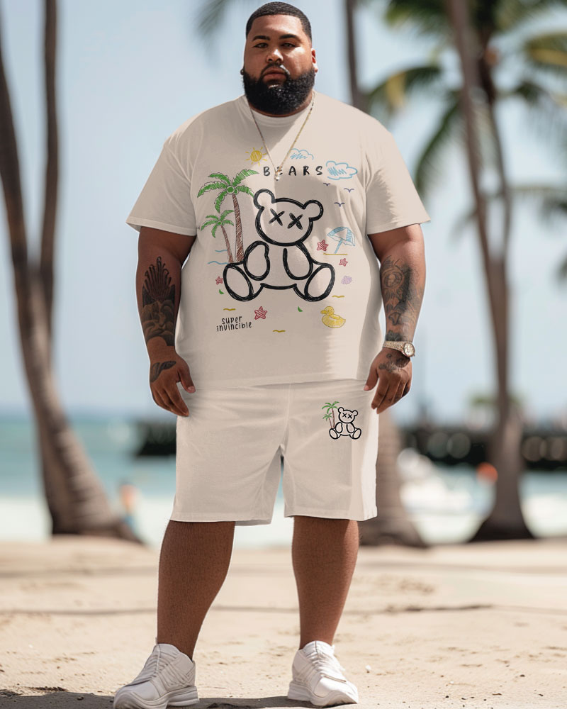 Men's Plus Size Hawaiian Coconut Bear Alphabet Print T-Shirt Shorts Set