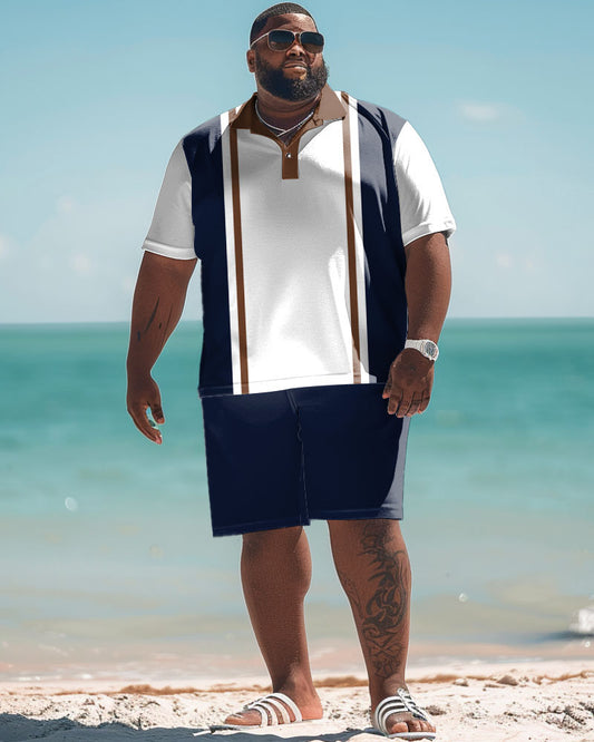 Men's Plus Size Simple Colorblock Stripe Print Polo Shorts Set