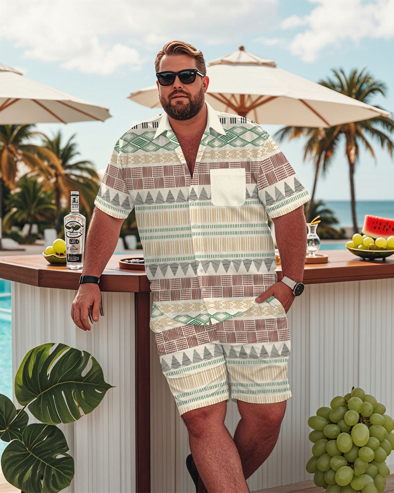 Men's Plus Size Hawaiian Apricot Ethnic Print Shirt Shorts Suit