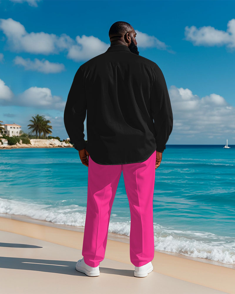 Men's Plus Size Hawaiian Coconut Tree Pink Letter Print Long Sleeve Shirt Trousers Suit