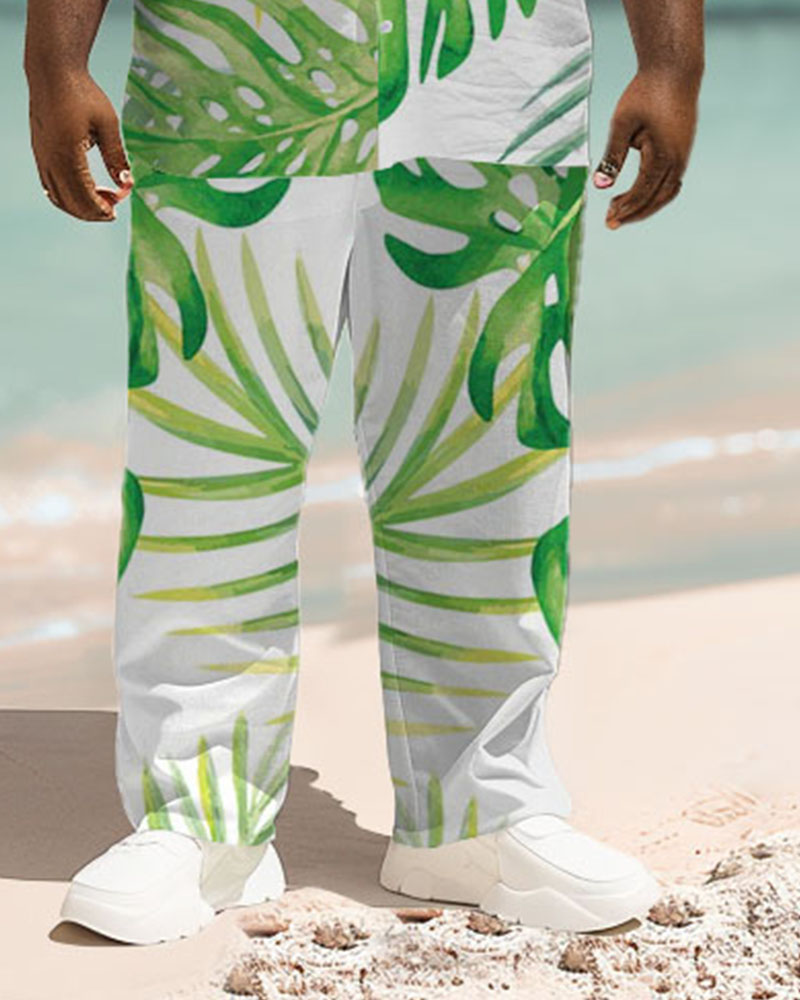 Men's Plus Size Hawaiian Turtle Leaf Print Short Sleeve Shirt Trousers Suit