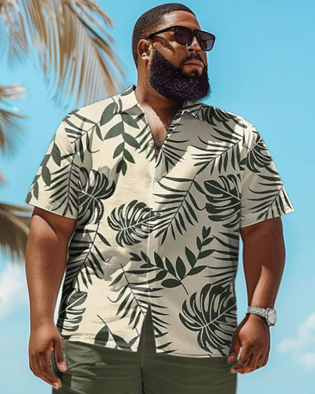 Men's Plus Size Hawaiian Tropical Leaf Print Green Shirt Shorts Set