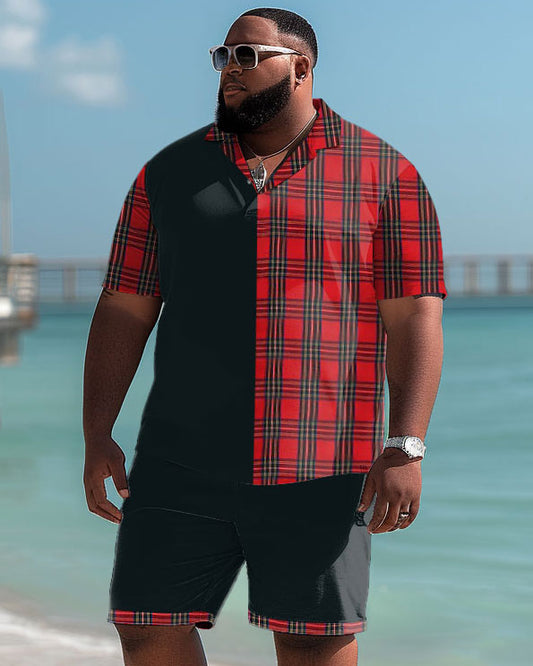 Men's Oversized Plaid Short Sleeve Polo Shirts and Shorts Set