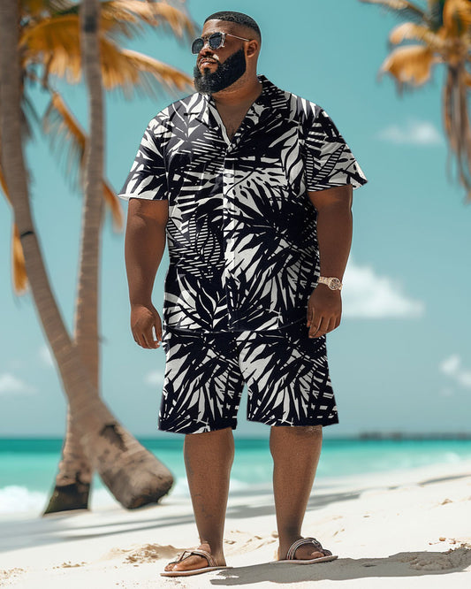 Men's Plus Size Hawaiian Black Palm Leaf Print Shirt Shorts Suit