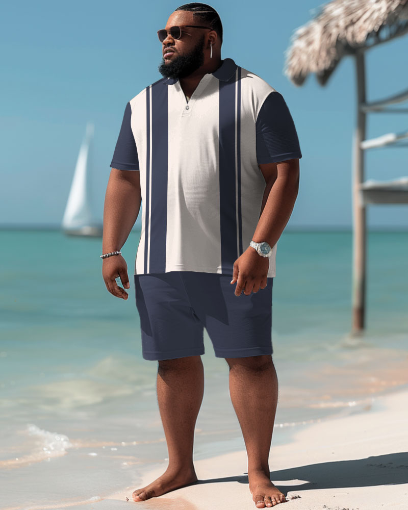 Men's Plus Size Casual Simple Striped Polo Shorts Suit