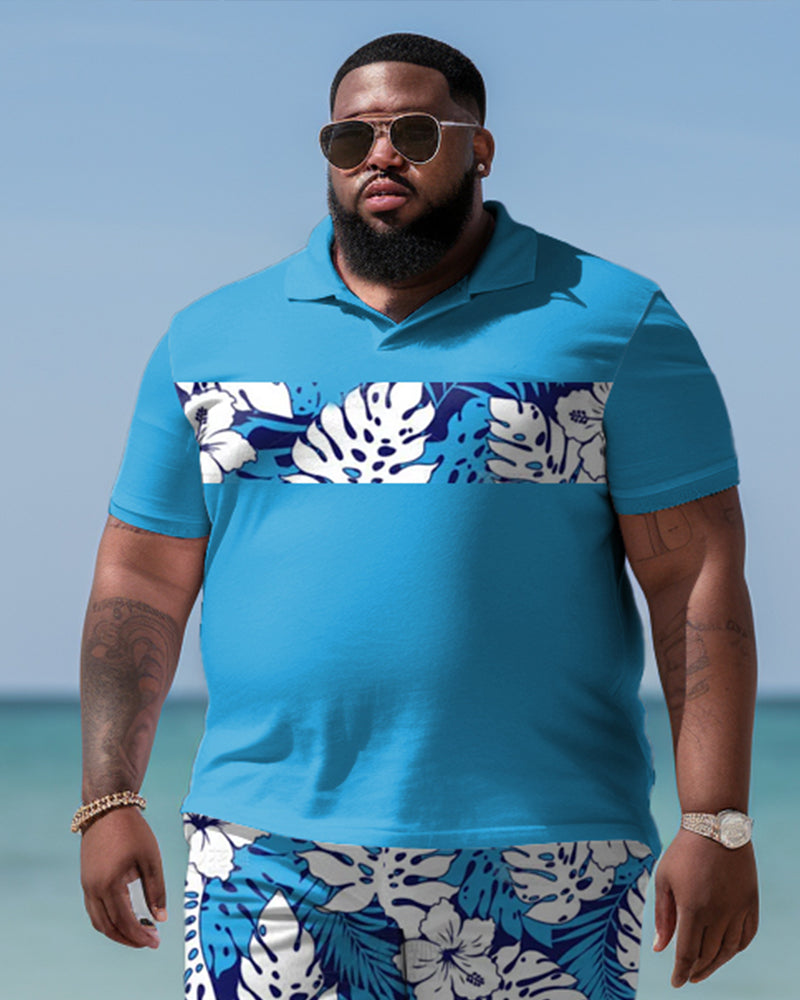 Men's Plus Size Hawaiian Tropical Flora Print Polo Shirt Shorts Suit