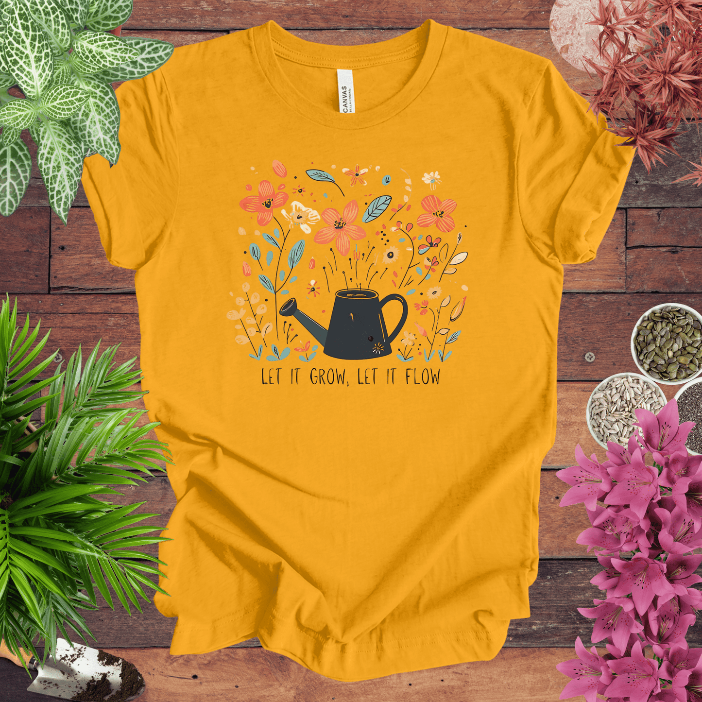 Whimsical Watering Can and Flowers T-Shirt