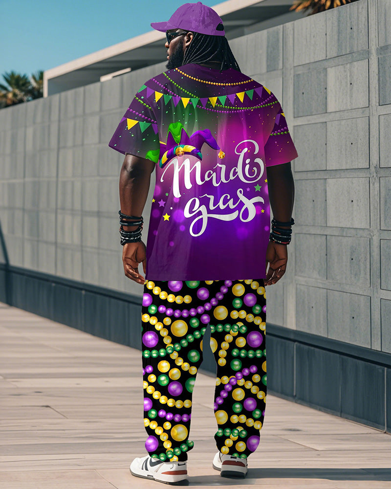 Men's Plus Size Orleans Mardi Gras Purple Bunting Print T-Shirt Trousers Suit