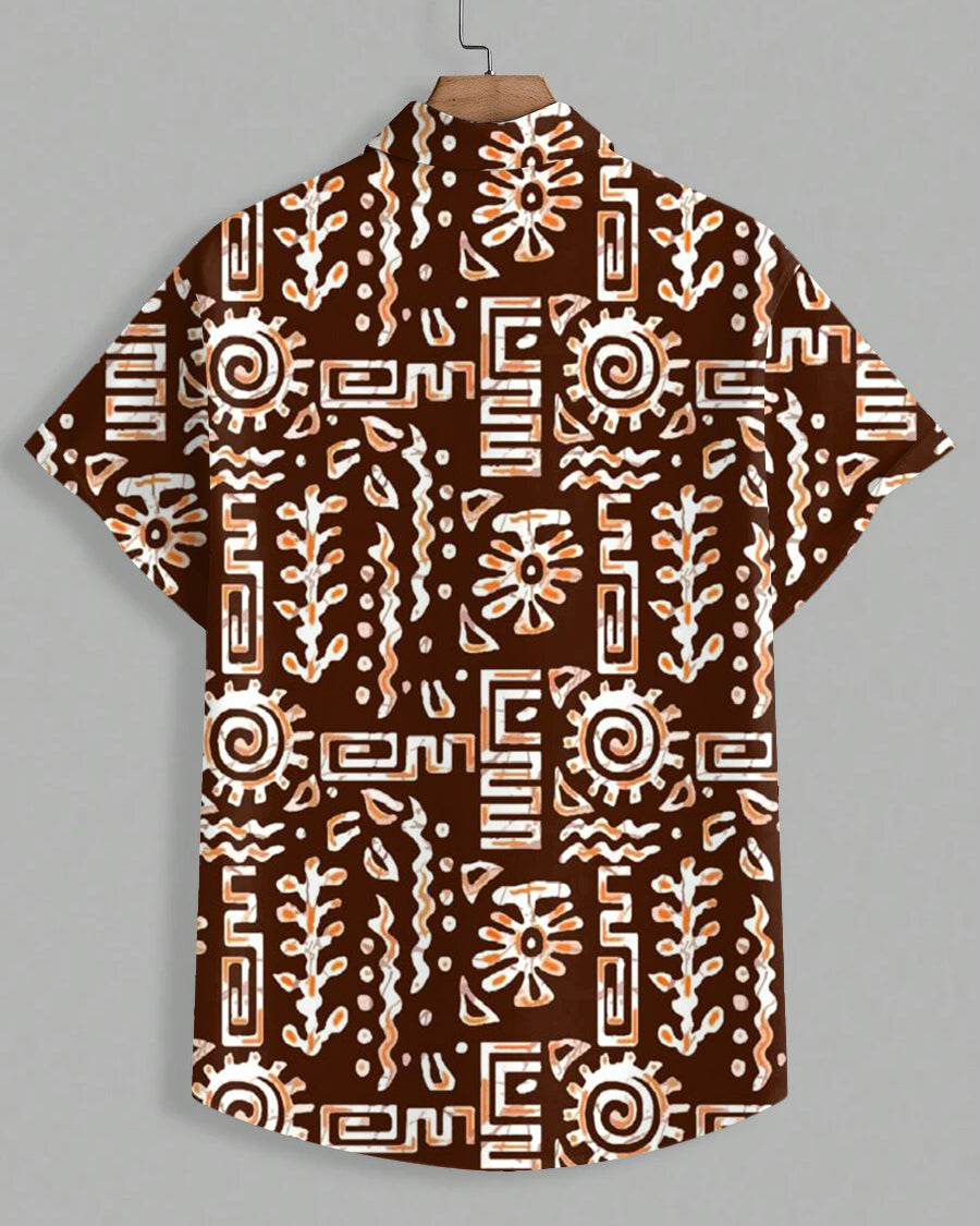 Men's Plus Size Hawaiian Brown Tribal Text Art Print Short Sleeve Shirt