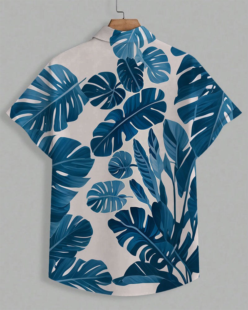 Men's Plus Size Hawaiian Blue Turtle Leaf Print Short Sleeve Shirt