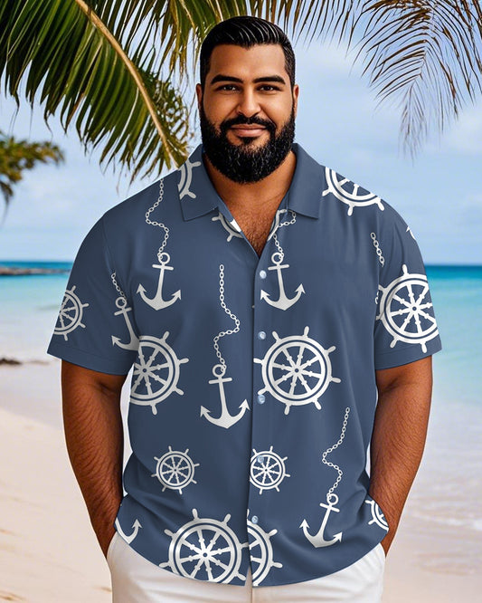 Men's Plus Size Hawaiian Anchor Ship Print Short Sleeve Shirt