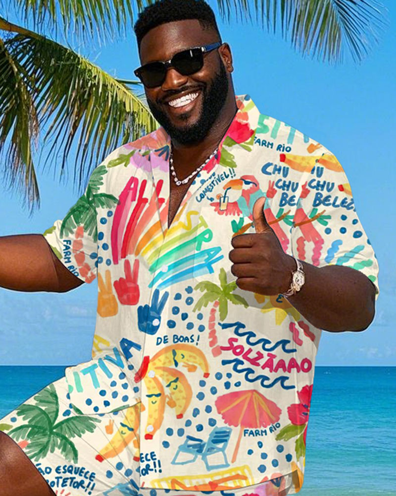 Men's Plus Size Hawaiian Cheerful Vacation Graffiti Print Shirt Shorts Suit