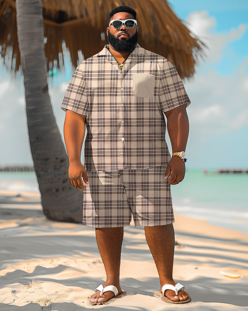 Men's Plus Size Simple Hawaiian Check Print Shirt Shorts Suit