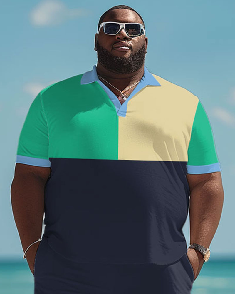 Men's Plus Size Hawaiian Colorblock Print Polo Shorts Suit