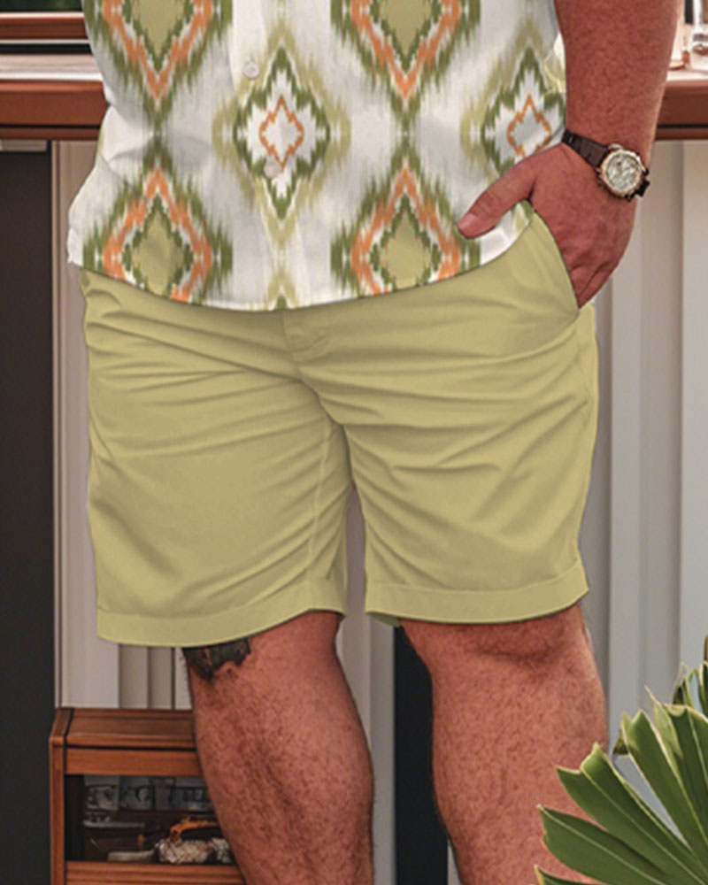 Men's Plus Size Hawaiian Aztec Green Print Shirt Shorts Suit