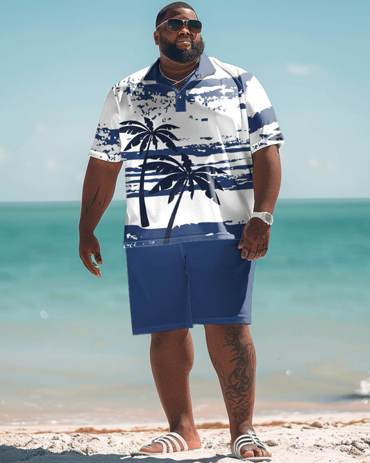 Men's Plus Size Hawaiian Irregular Graffiti Coconut Tree Print Polo Shorts Suit