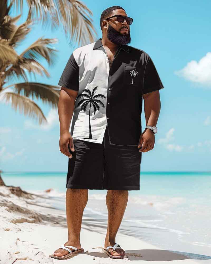 Men's Plus Size Hawaiian Black And White Coconut Tree Print Pocket Shirt Shorts Set