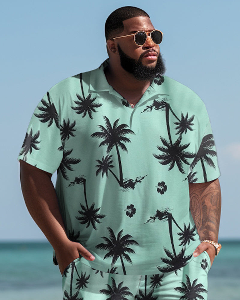 Hawaiian Coconut Tree Pattern Colorblock Shorts Men's Plus Size Set