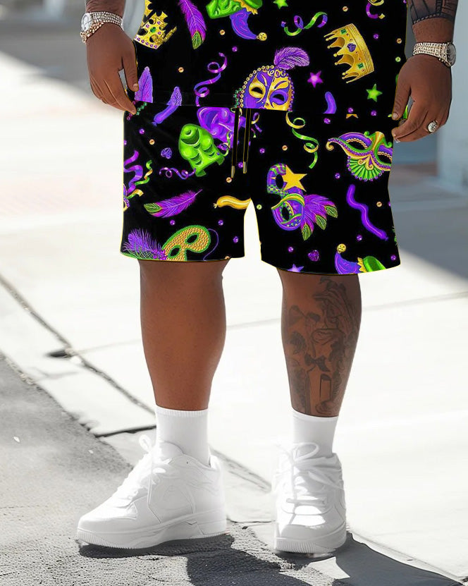 Men's Plus Size Orleans Mardi Gras Print T-Shirt Shorts Suit