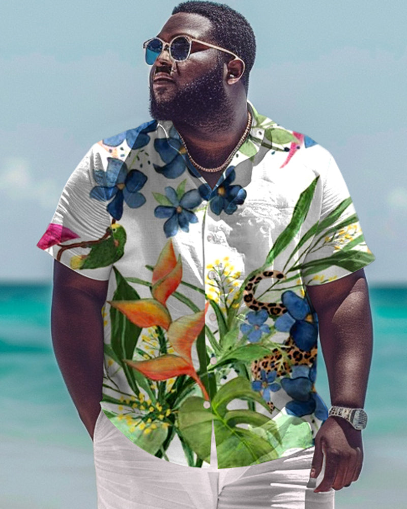 Men's Plus Size Hawaiian Plant Print Short Sleeve Shirt Trousers Suit