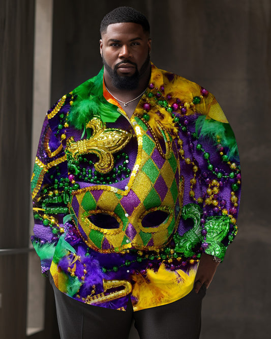 Men's Plus Size Carnival Golden Mask Casual Long Sleeve Shirt