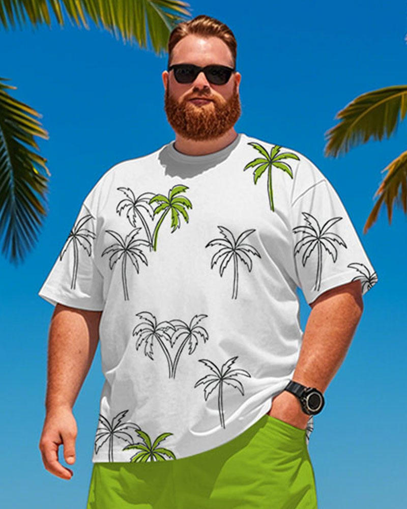 Men's Plus Size Hawaiian Green Coconut Tree Print T-Shirt Shorts Suit