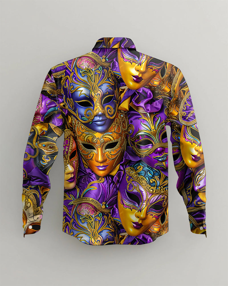 Men's Plus Size Carnival Purple Mask Print Long Sleeve Shirt