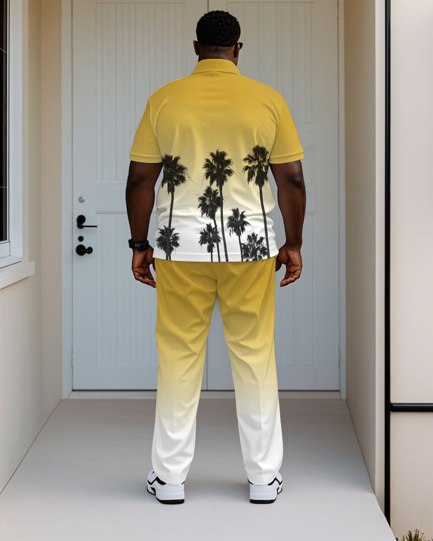 Yellow & White Gradient Brown Tree Silhouette Print Short Sleeve POLO Trousers Suit Men's Plus Size