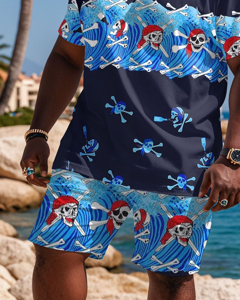 Plus Size Men's Casual Fashion Royal Blue Pirate Skull Print T-Shirt Shorts Suit