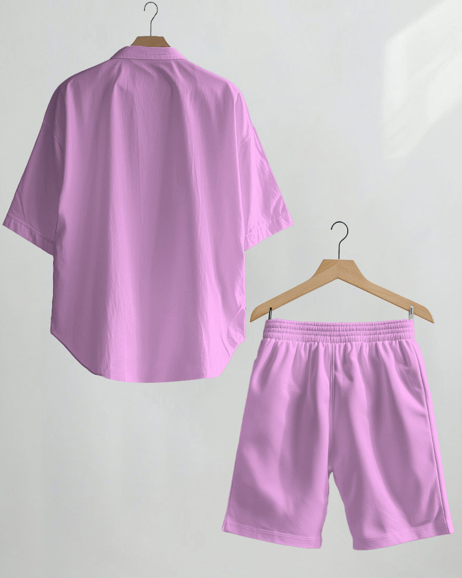 Men's Plus Size Solid Color Light Pink Shirt Shorts Suit