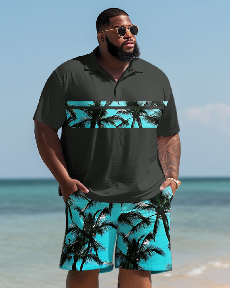 Hawaiian Coconut Tree Print Shorts Black Men's Plus Size Set