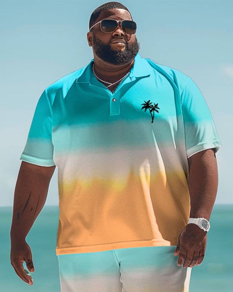 Men's Plus Size Beach Gradient Coconut Tree Polo Shirt and Shorts Set