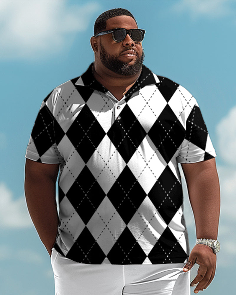 Men's Plus Size Classic Diamond Check Polo Shirt Shorts Suit