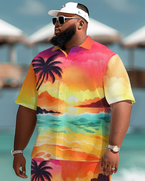 Men's Plus Size Hawaiian Sunset Gradient Coconut Print Short Sleeve Shirt Shorts Suit