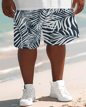 Hawaiian Simple Striped Leaf Print Shorts Men's Plus Size Set