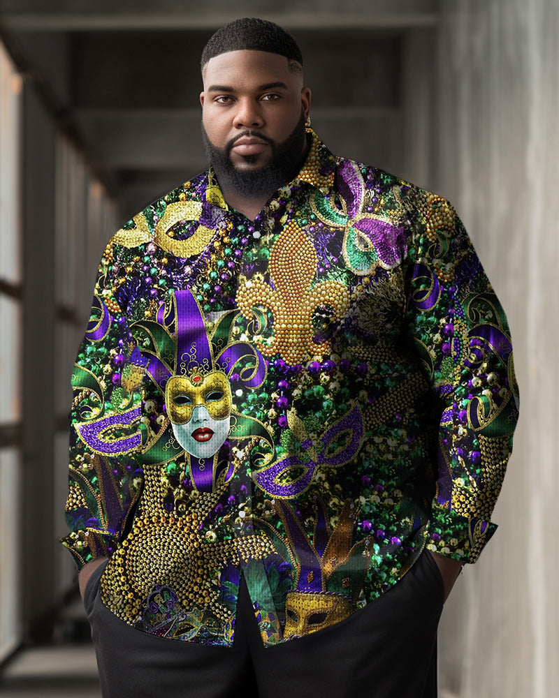 Men's Plus Size Mardi Gras Mask Pearl Print Long Sleeve Shirt