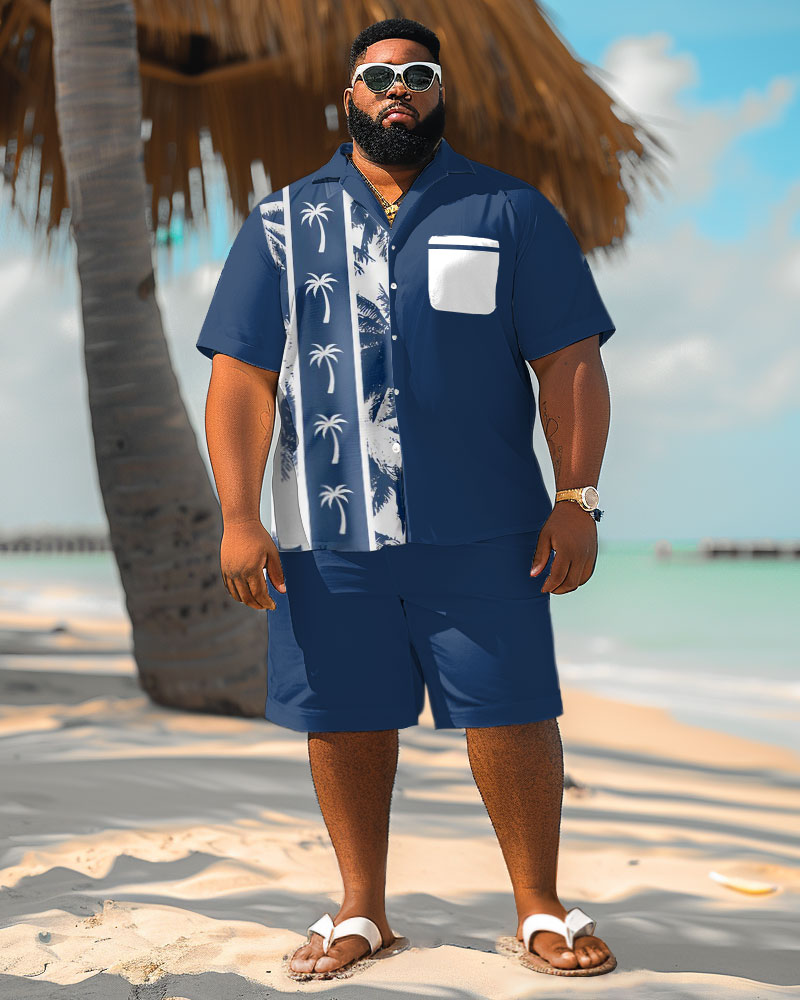 Men's Plus Size Hawaiian Colorblock Coconut Tree Print Pocket Shirt Shorts Suit