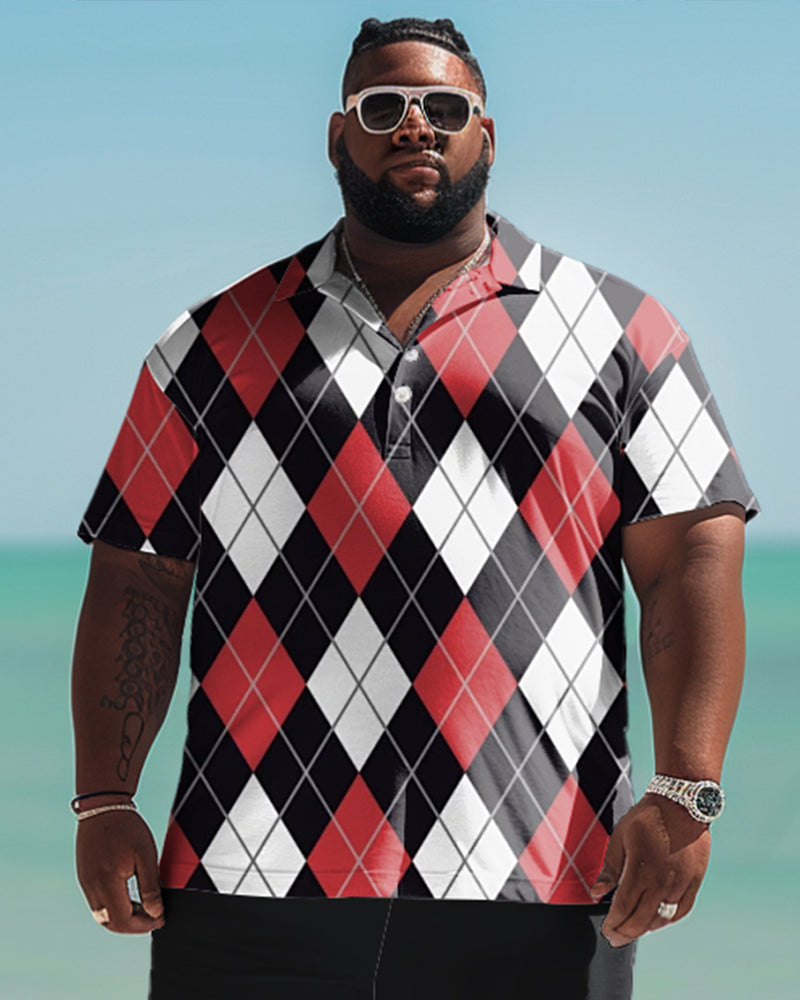 Men's Plus Size Classic Check Print Polo Shirt Shorts Suit