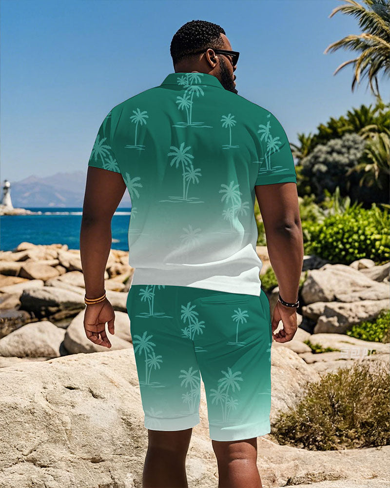 Hawaii Holiday High-end Gradient Jacquard Printed Short-sleeved Polo Shorts Suit Men's Plus Size