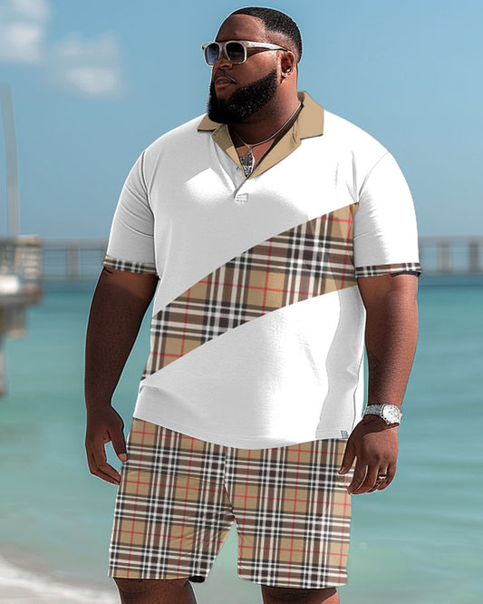 Men's Plus Size Casual Plaid Colorblock Polo Shirt and Shorts Set