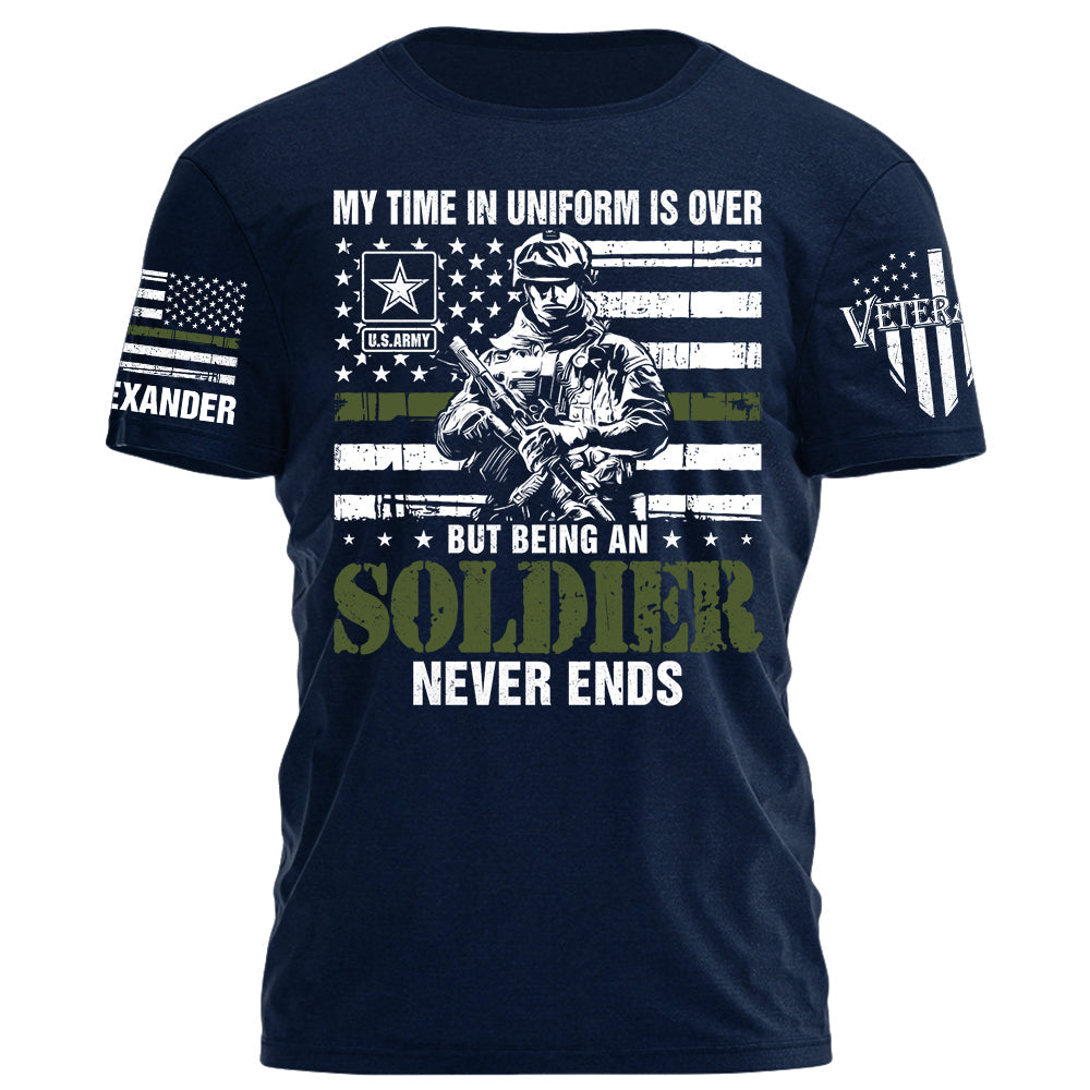 My Time In Uniform Is Over But Being A Soldier Never Ends Personalized Grunge Style Shirt For Veteran H2511