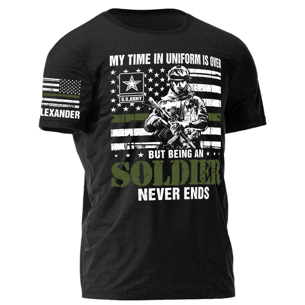 My Time In Uniform Is Over But Being A Soldier Never Ends Personalized Grunge Style Shirt For Veteran H2511