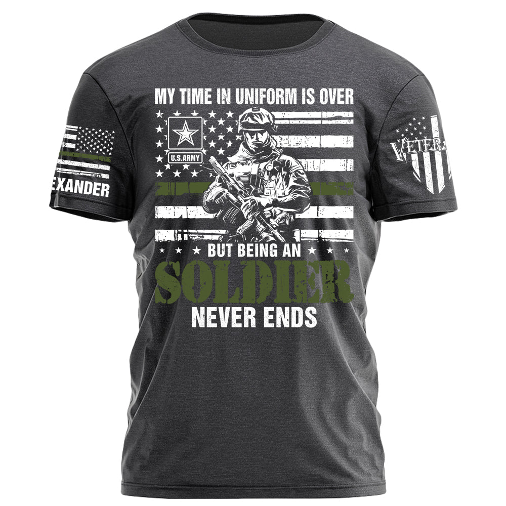 My Time In Uniform Is Over But Being A Soldier Never Ends Personalized Grunge Style Shirt For Veteran H2511