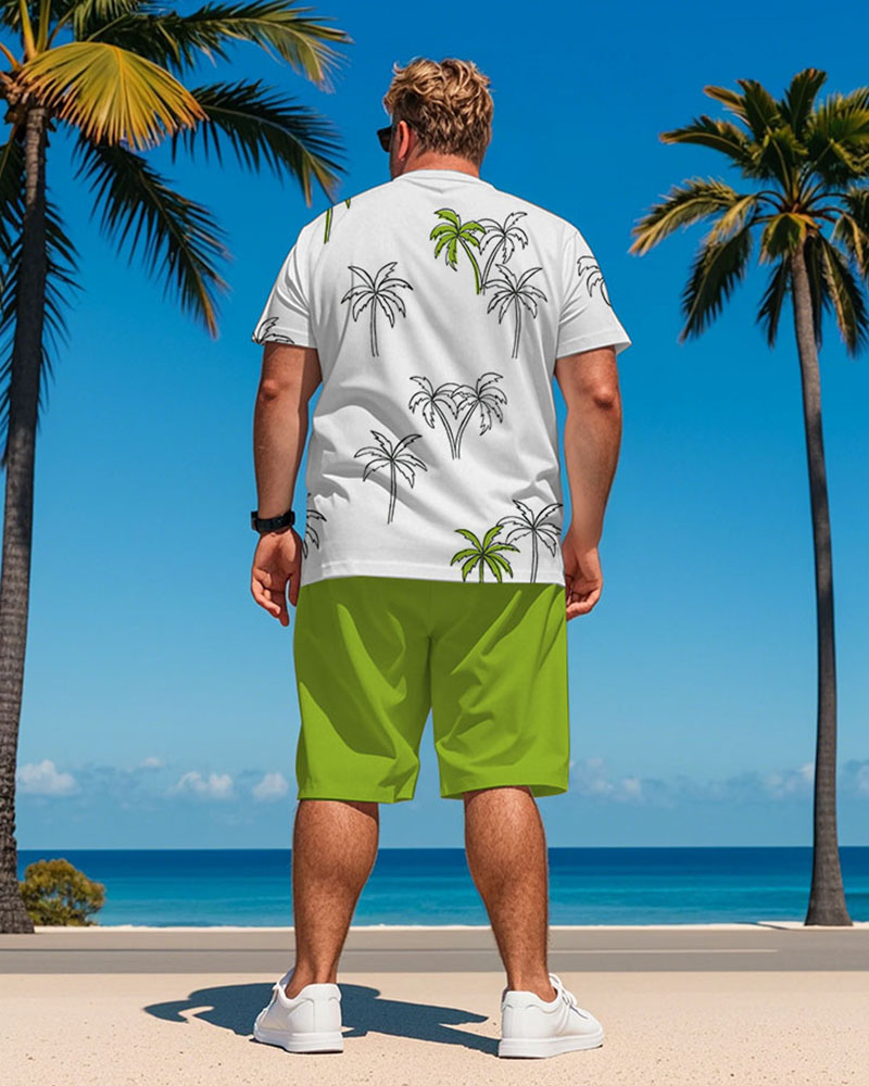 Men's Plus Size Hawaiian Green Coconut Tree Print T-Shirt Shorts Suit