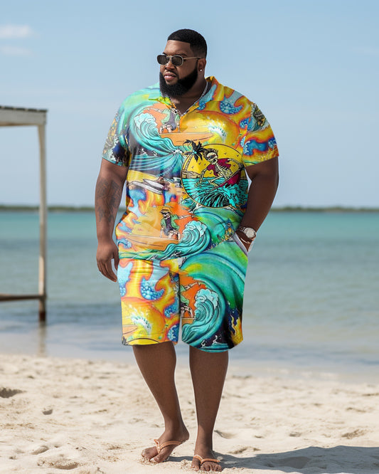 Men's Hawaiian Style Plus Size Skull Surf Two-Piece Set