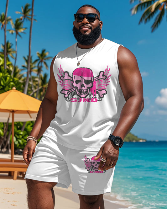 Men's Big Summer White & Pink Skull Pattern Tank Shorts Suit