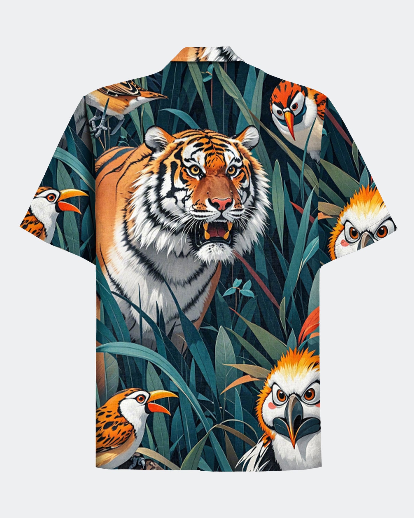 Men's Cartoon Tiger and Bird Print Hawaiian Cuban Collar Short Sleeve Shirt