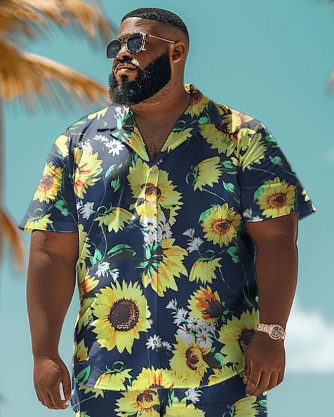 Men's Plus Size Hawaiian Sunflower Print Shirt Shorts Suit