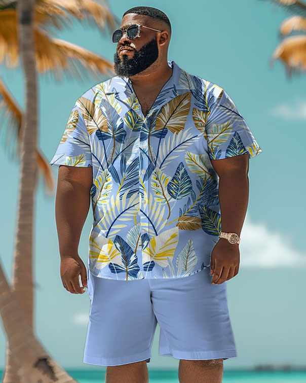 Men's Plus Size Hawaiian Blue Tropical Leaf Print Shirt Shorts Set