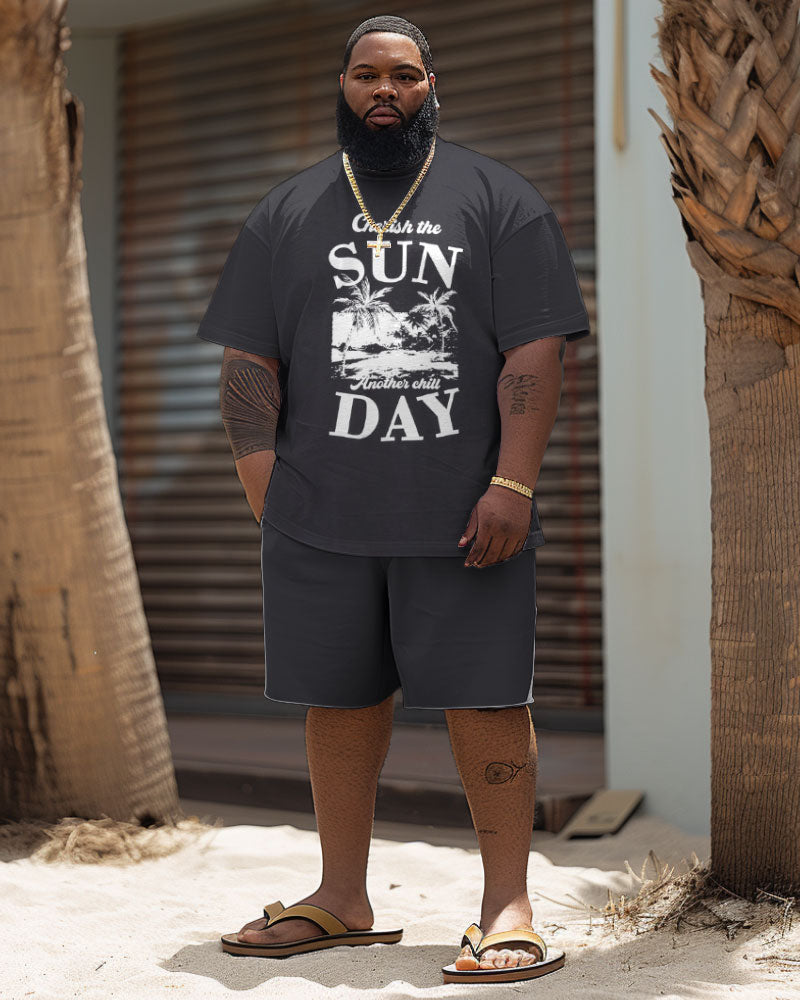 Men's Plus Size Hawaiian Coconut Tree Alphabet Print T-Shirt Shorts Suit